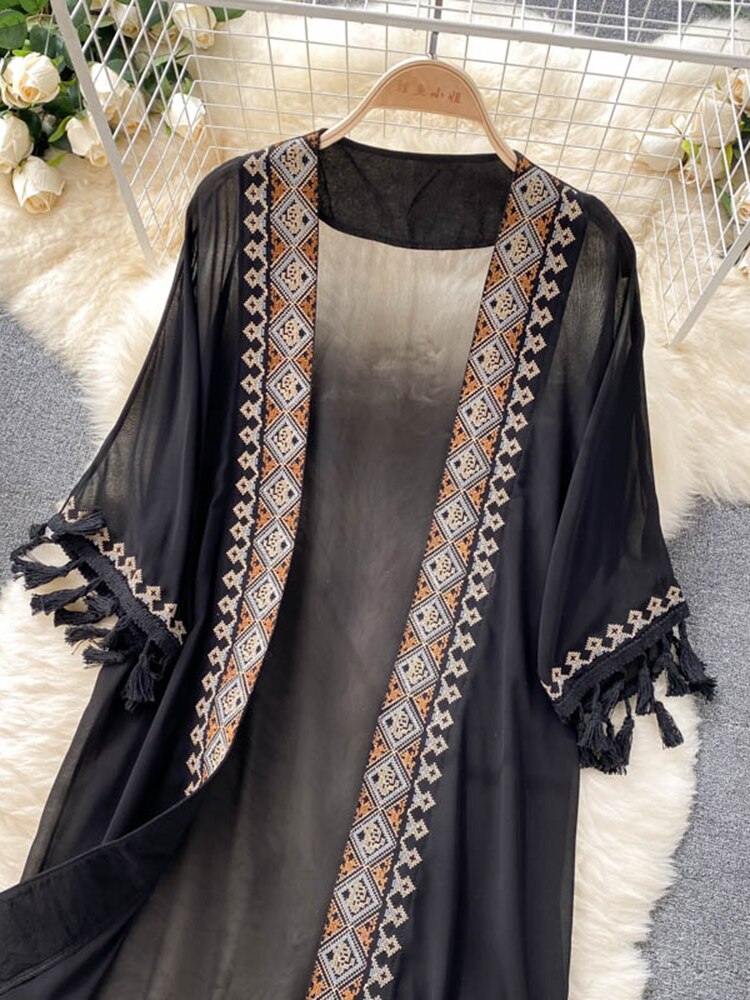 Summer Pareo Beach Kimono Bohemian Cover Up Long Fashion Embroidery Poncho Cardigan Tassel Chiffon Shirt