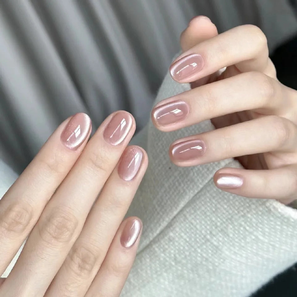 10Pcs Short Blue Handmade False Nails with Shimmery Powder Cat Eye Gel Nails Press on Sweet Lovely Artificial Nail Manicure Tips 2 M