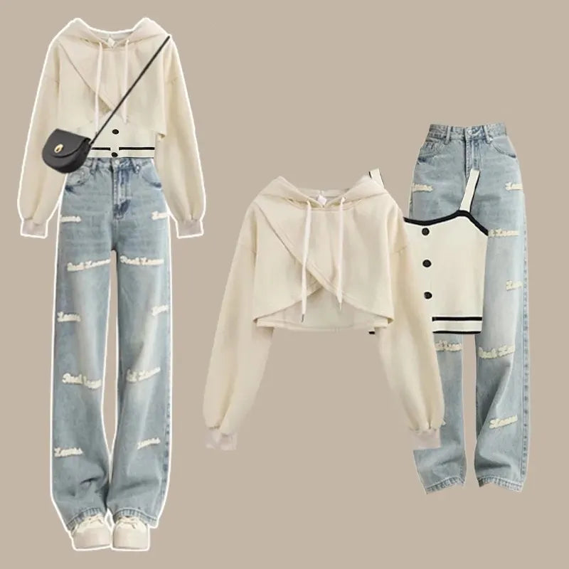 Women's 2024 Autumn New Matching Set Korean Elegant Short Sweater+Tank Top+Letter Jeans Three Piece Female Chic Denim Pants Suit Set 02