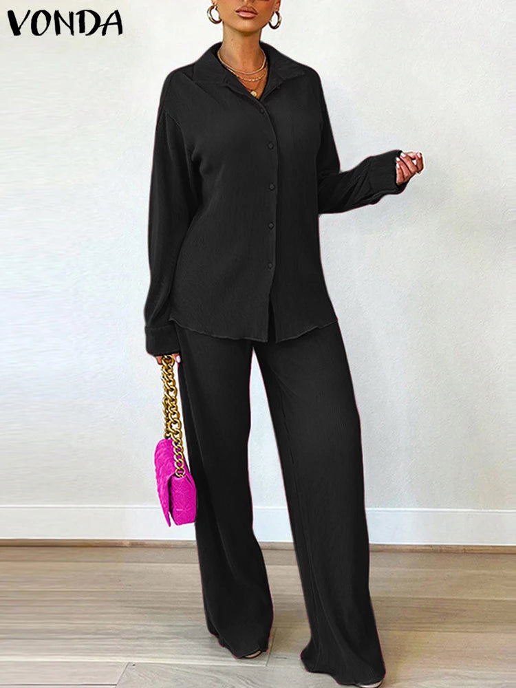 Plus Size 5XL VONDA Women Sets 2025 Autumn Casual Lapel Loose Two-Piece Suits Elegant Tops and Wide Leg Pants Matching Sets black