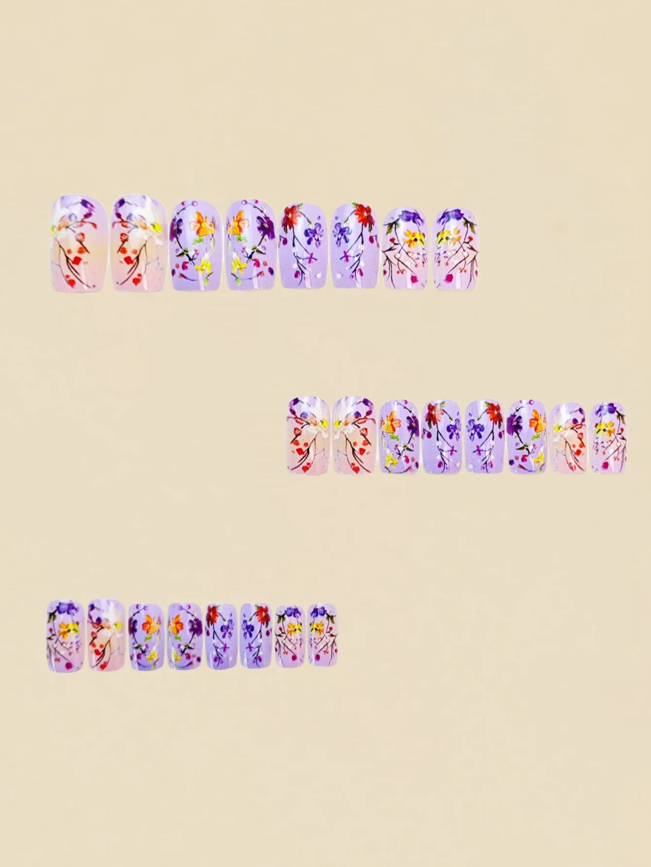 Medium and long square-shaped European manicure, fashionable manicure for New Year and spring and summer, purple gradient flower