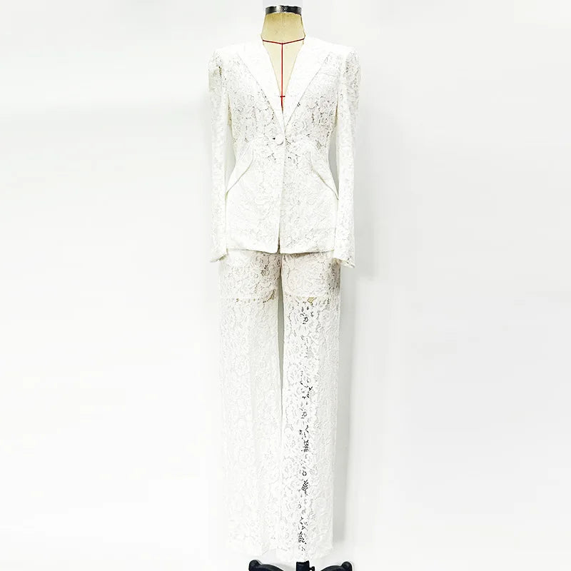 Solid Sheer Spliced Lace Two Piece Sets for Women Lapel Long Sleeves Patchwork Button Top Pant Elegant Set Female