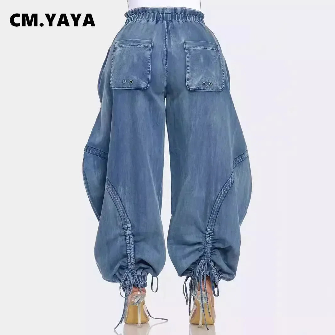 Women Streetwear Drawstring Fashion Fly Denim Pants 2024 Autumn Loose Safari Style Cargo Harem Hip Hop Jeans