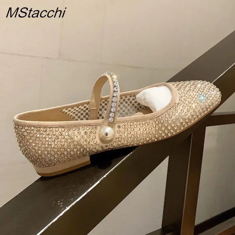 Mesh Crystal Pearl Flat Shoes Woman Square Toe Office Lady Luxury Shoes Big Size Mary Janes Shoes 2025 New Spring Single Shoes
