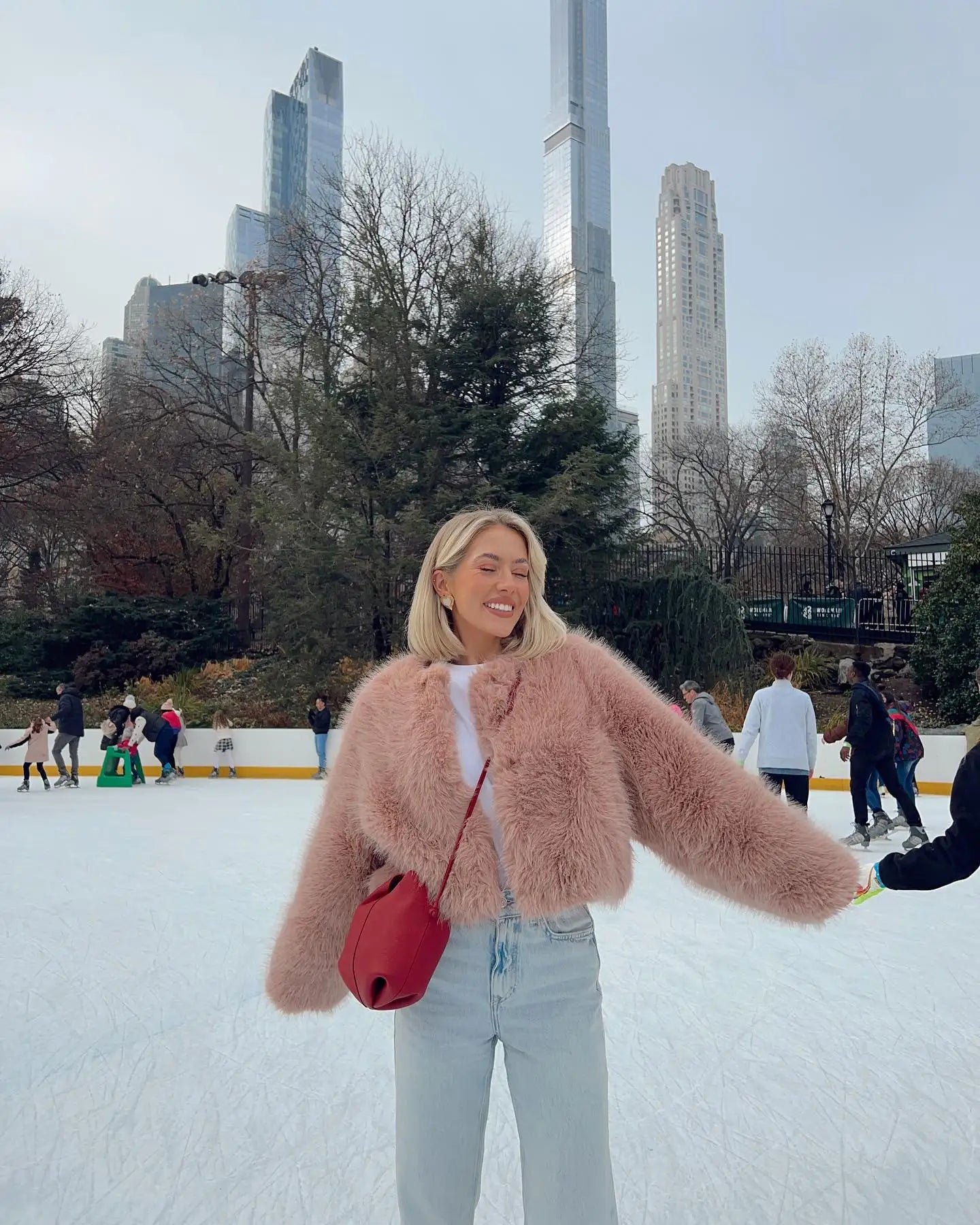 Short Faux Fur Coats Women Plush Autumn Winter O-neck Open Stitch Loose Women's Coat Long Sleeve Casual Jacket Female Streetwear pink