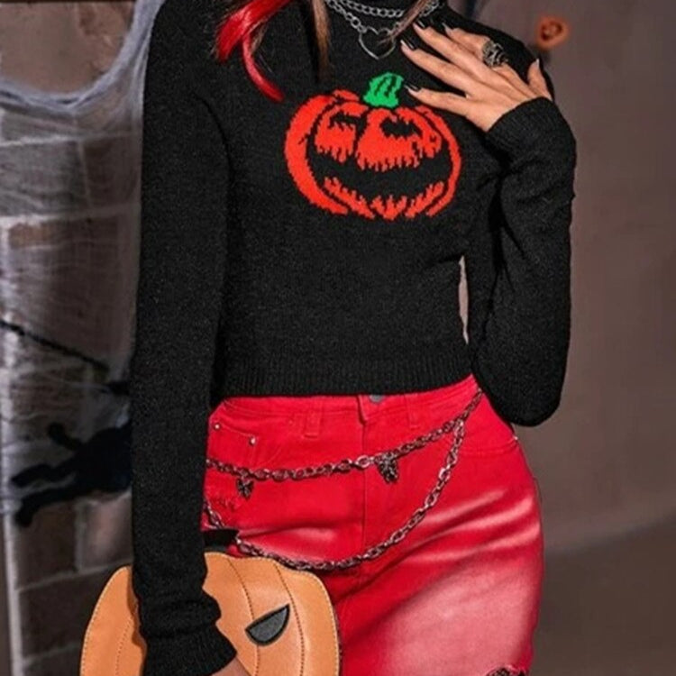 Yangelo Gothic Pumpkin Pattern Knitted Pullover Women Punk High-necked Long-sleeved Fall Winter Warm Sweater Halloween