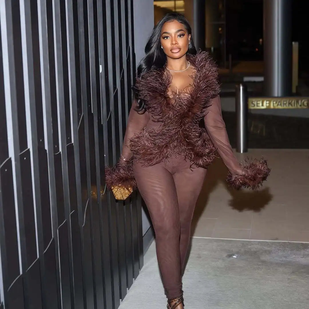 Fashion Mesh See Though Women's Set Feather Side Long Sleeve Crop Top and Legging Pants 2025 Sexy Two 2Piece Sets Outfit Maroon