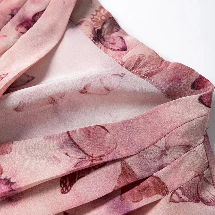 French Artistic Pink Purple Butterfly Printing 1.2-meter Extended Large Skirt Hem 100% Natural Mulberry Silk Women's Dress