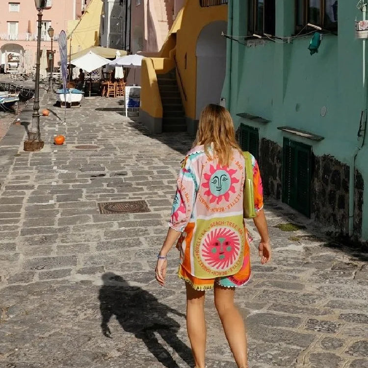 Women Holiday Hawaii Printed Two Pieces Set Short Sleeve Shirt Blouse Top Loose Shorts Summer Beach Outfits Casual Suit NEW