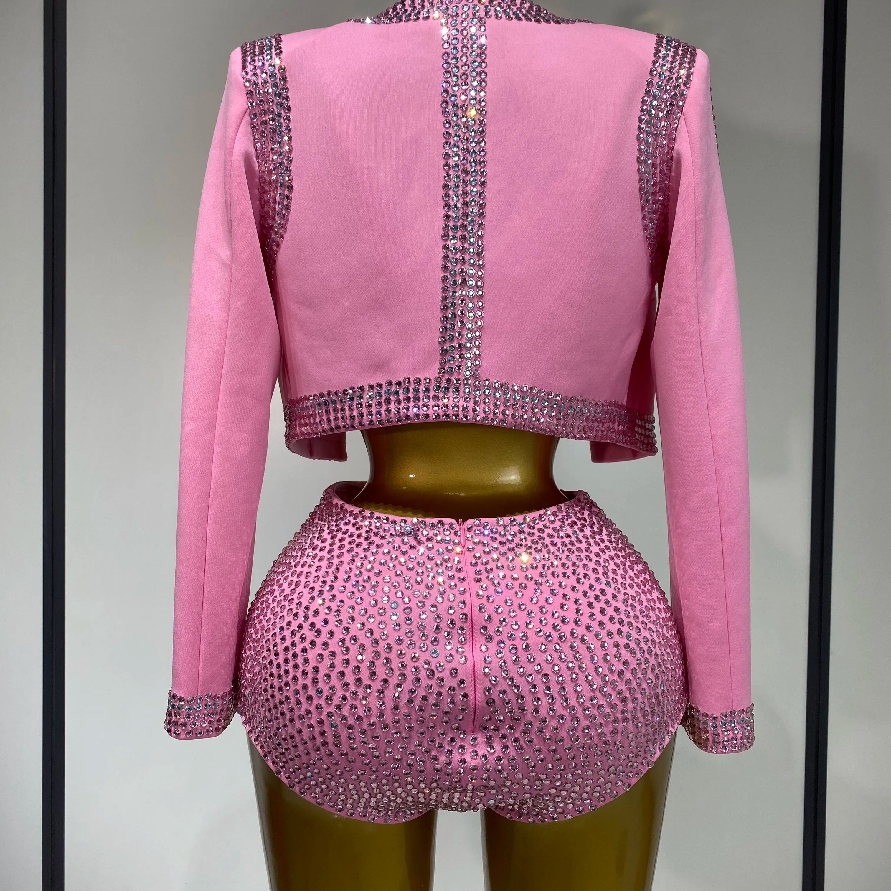 Luxury Rhinestone Jacket Bra Top And Matching Shorts Set 3 Pieces Outfits Women Sexy Sparkle Nightclub Singer Stage Outfit