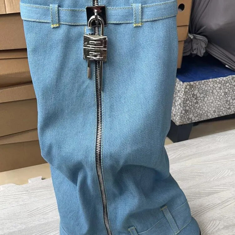 Winter Women's Knee-high Boots Round Toe Platform Wedges Denim Female Shoes Fashion Metal Decoration Boots Woman baby blue