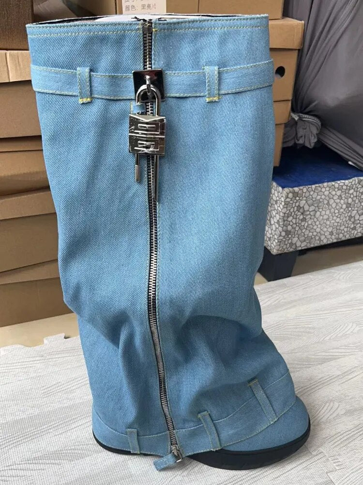 Winter Women's Knee-high Boots Round Toe Platform Wedges Denim Female Shoes Fashion Metal Decoration Boots Woman baby blue