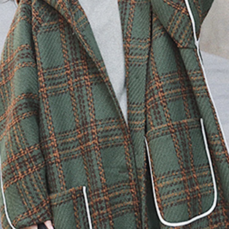 Autumn Winter Long Oversized Warm White Patchwork Plaid Wool Blends Trench Coats Women with Hood Runway Korean Fashion