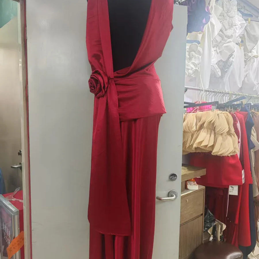 Solid Sliced 3D Flower Split Dresses for Women Swinging Collar Sleeveless Patchwork Folds Backless Dress Female New RED