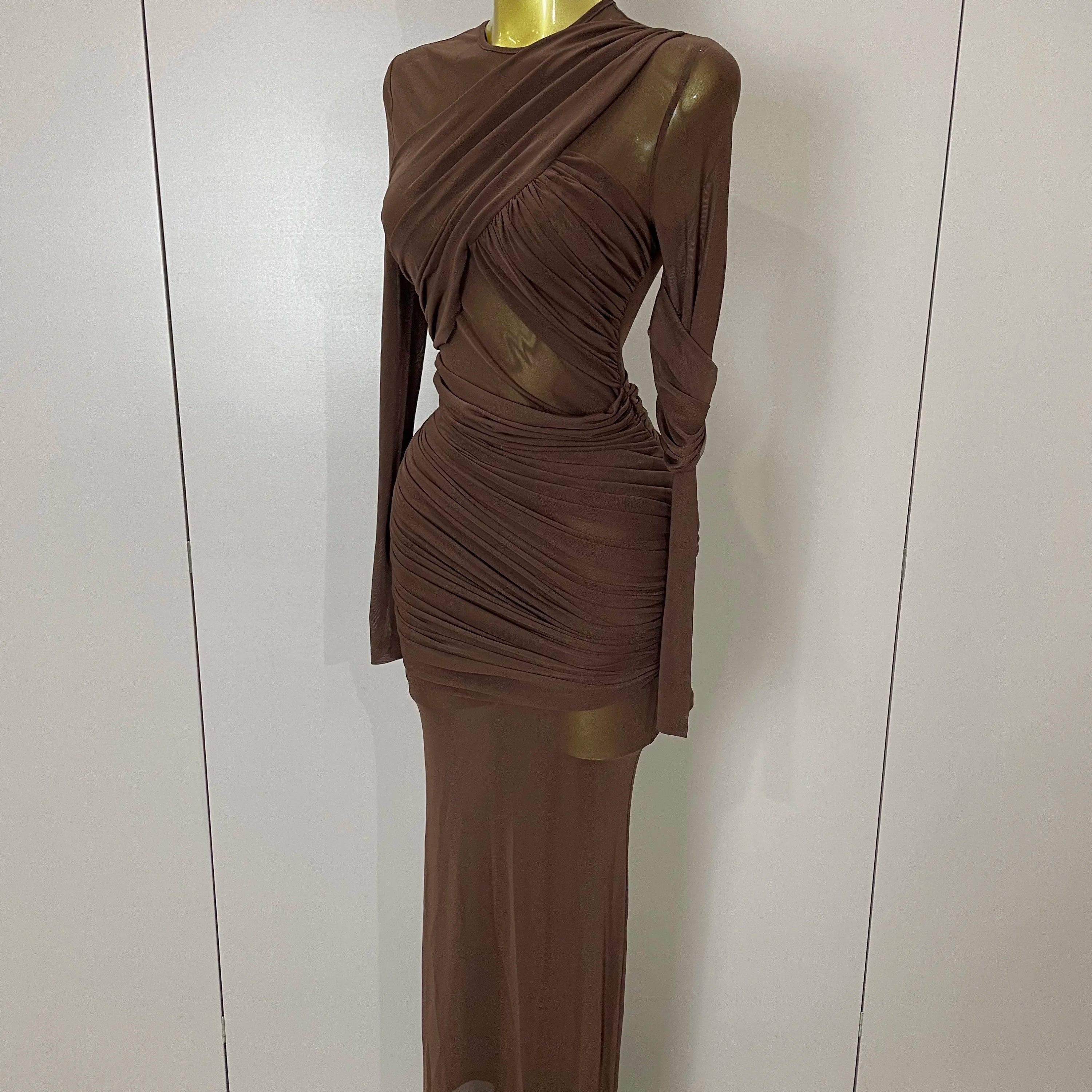 2025 Women Elegant Brown Mesh Fold Long Sleeve Bodycon Dress Evening Party Club Sexy Perspective Fashion Luxury Birthday Dresses
