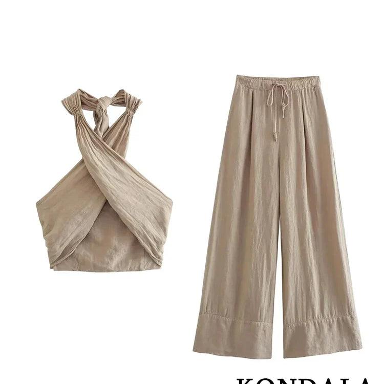KONDALA Streetwear Khaki Linen Suits Women Sleeveless Halter Sexy Crop Tops Women+High Waist Wide Leg Pants Fashion Sets