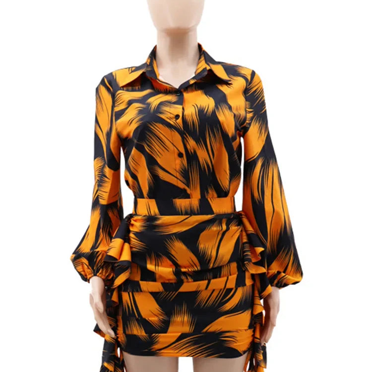 Elegant Striped Printed Ruffles Side Mini Skirts and Long Sleeve Shirt Tops Women Two 2 Piece Sets Birthday Festivals Outfits