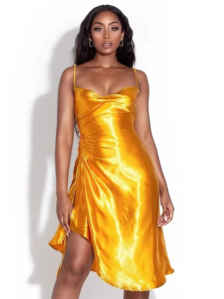 Ailigou Green Gold Satin Sling Midi Summer Sexy Halter Female Asymmetric Pleated Dress Female Elegant Christmas Party Vestidos