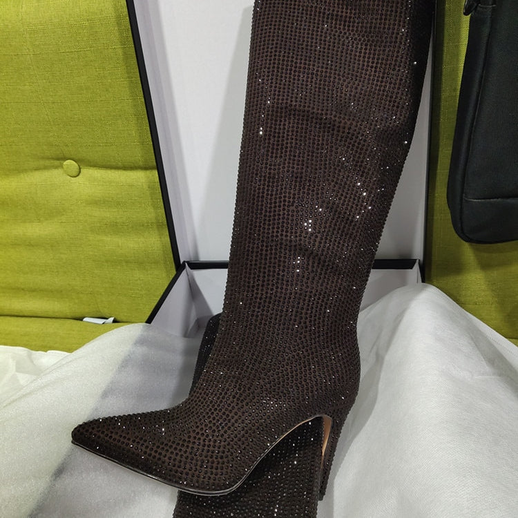 Women's New European and American Fashion Show Starry Sky High-heeled Rhinestone Pointed Nightclub Four Seasons Boots Black 11cm