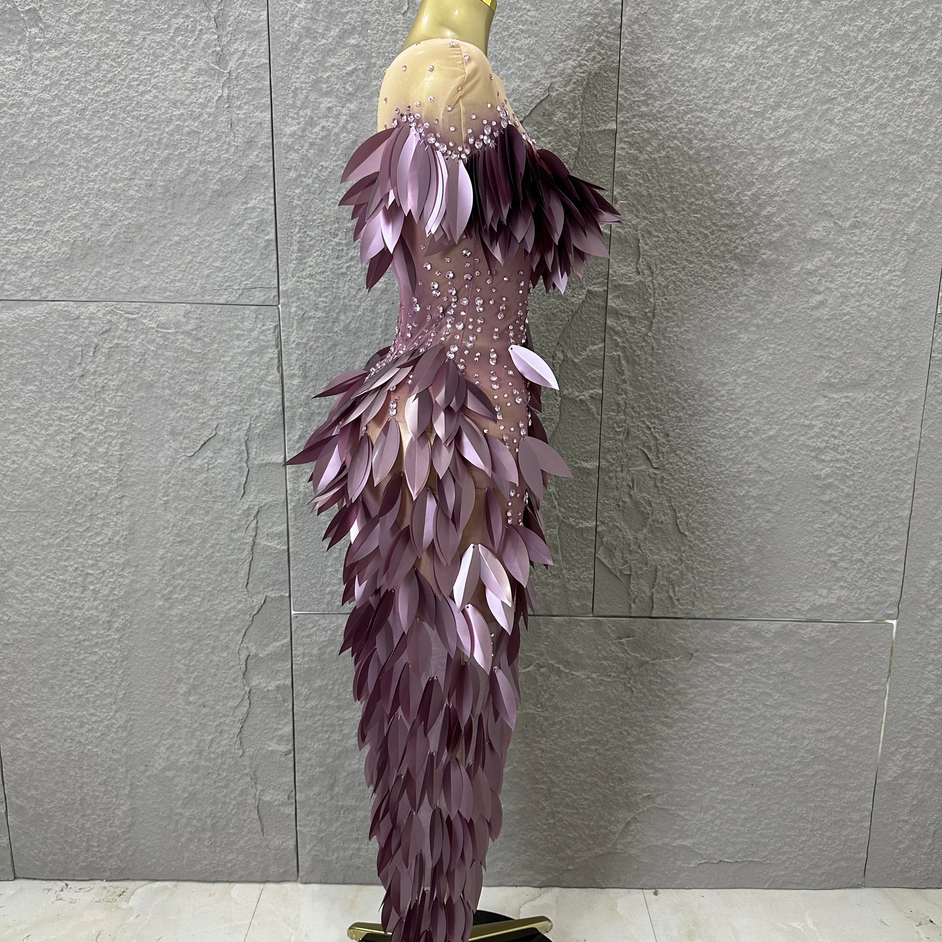 Sparkly 2026 Purple Sheer Mesh Dress Women Sexy Illusion Neck Rhinestone 3D Leaf Fringe Bodycon Evening Gala Nightclub Outfit