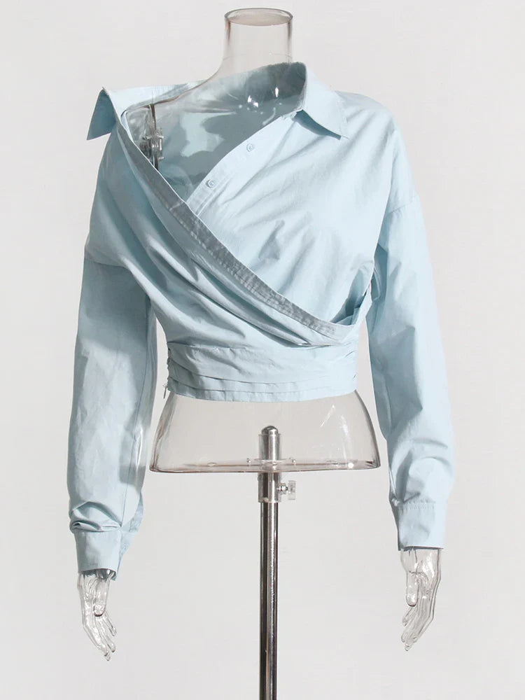 Solid Irregular Designer Blouses For Women Lapel Long Sleeve Patchwork Button Casual Blouse Female Fashion Clothing