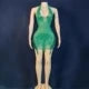 Sparkly Rhinestones Evening Prom Celebrate Birthday Dress Sexy Halter Backless Mesh Velvet Short Dress Performance Stage Wear green