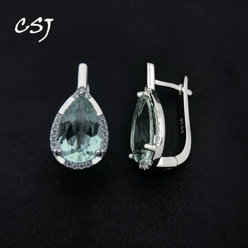 CSJ Elegant Natural Green Amethyst Earring Sterling 925 Silver Pear 8*12 Cut 10mm 5Ct Fine Jewelry for Women Lady Party Gift Box
