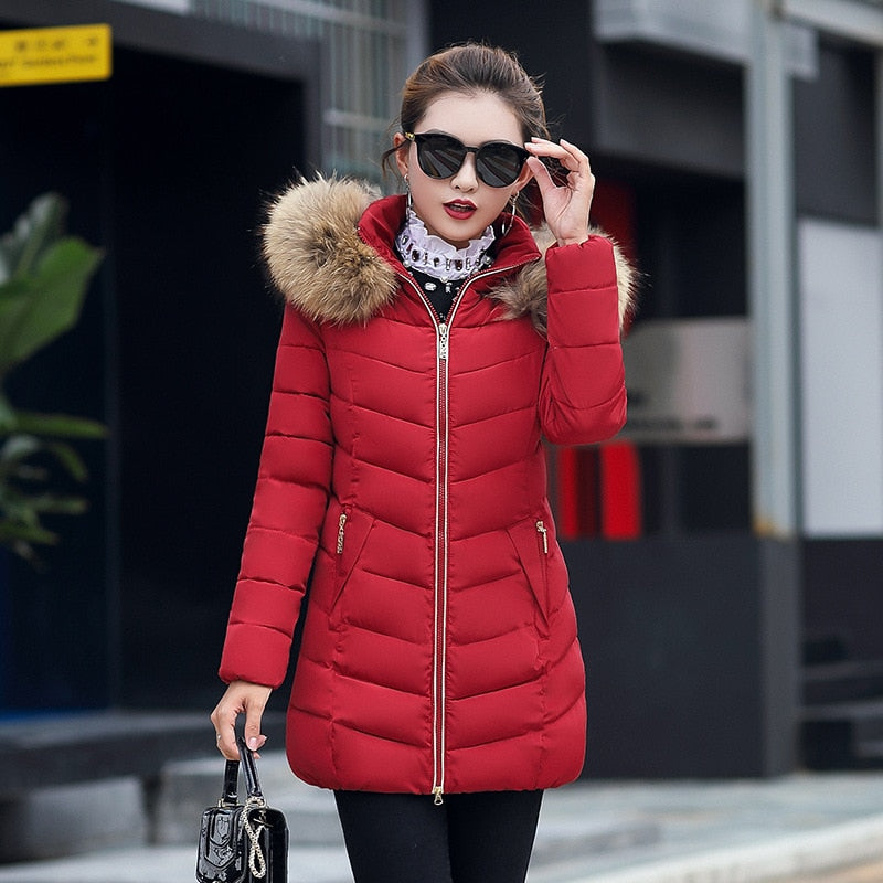 Women's Down Jacket 2024 Winter Woman Korean Style Long Zipper Slim Coats Big Fur Collar Hooded Padded Parka Jacket Female 2020 wine red