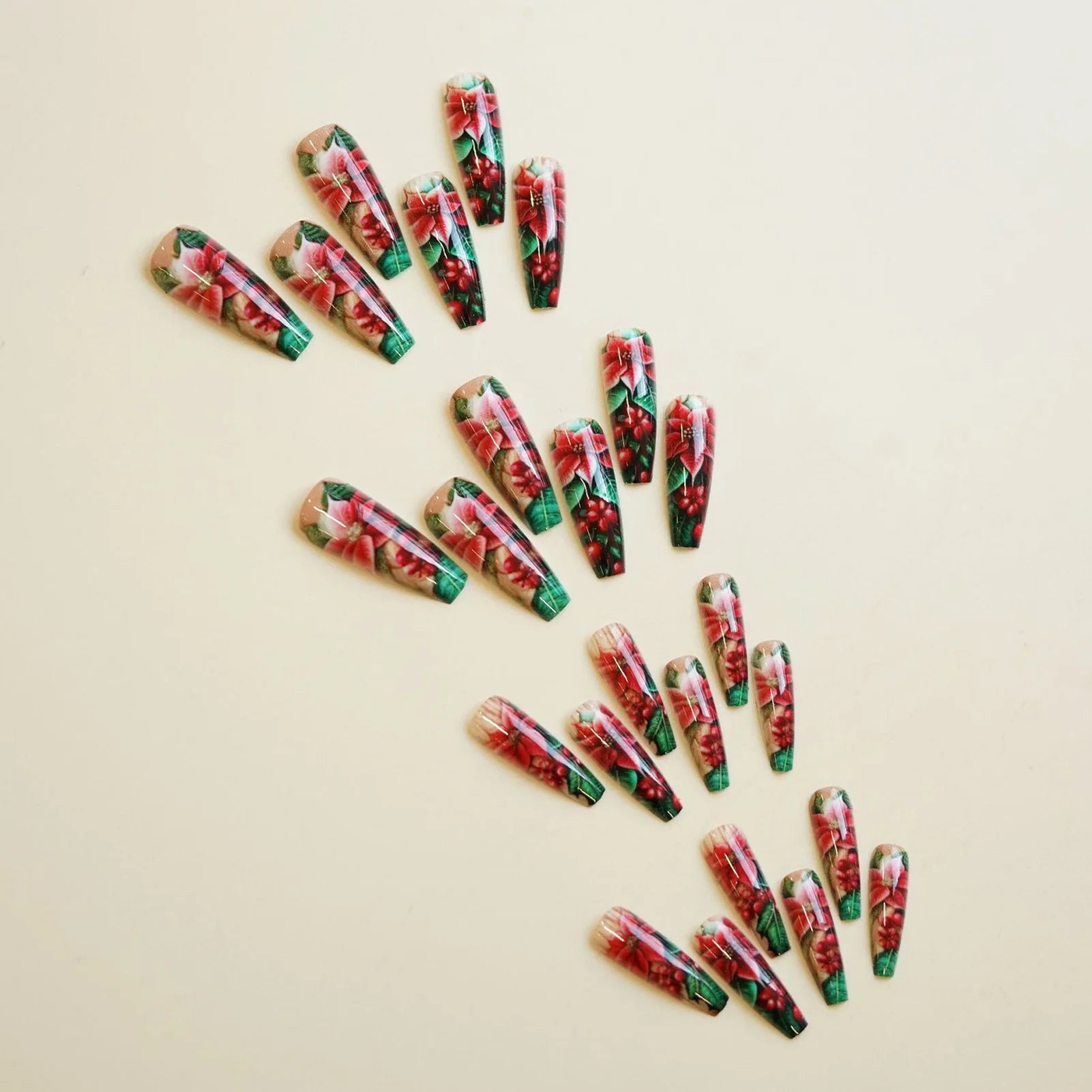 24Pcs Long Coffin Fake Nails Women Chriarmas Party Charm Manicure Full Cover Press On Nails Red Flower Printed Nails Supplies