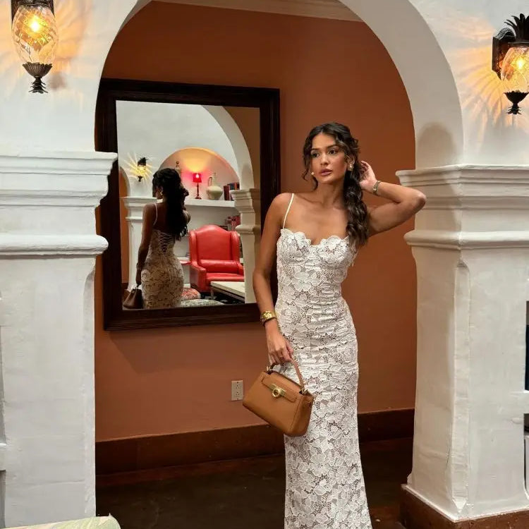 Women Sleeveless Sexy Strap Square Collar Lace Bodycon Long Dress Fashion Celebrate Birthday Vacation Party Dress