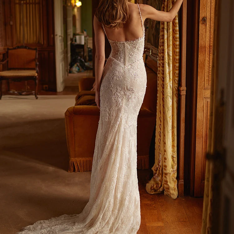 Pearls Embellished Mermaid Long Dres Spagetiee Straps Side Split Lace Appliques Sleeveless Party Evening Bridal Wedding Gown