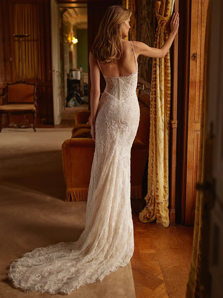 Pearls Embellished Mermaid Long Dres Spagetiee Straps Side Split Lace Appliques Sleeveless Party Evening Bridal Wedding Gown
