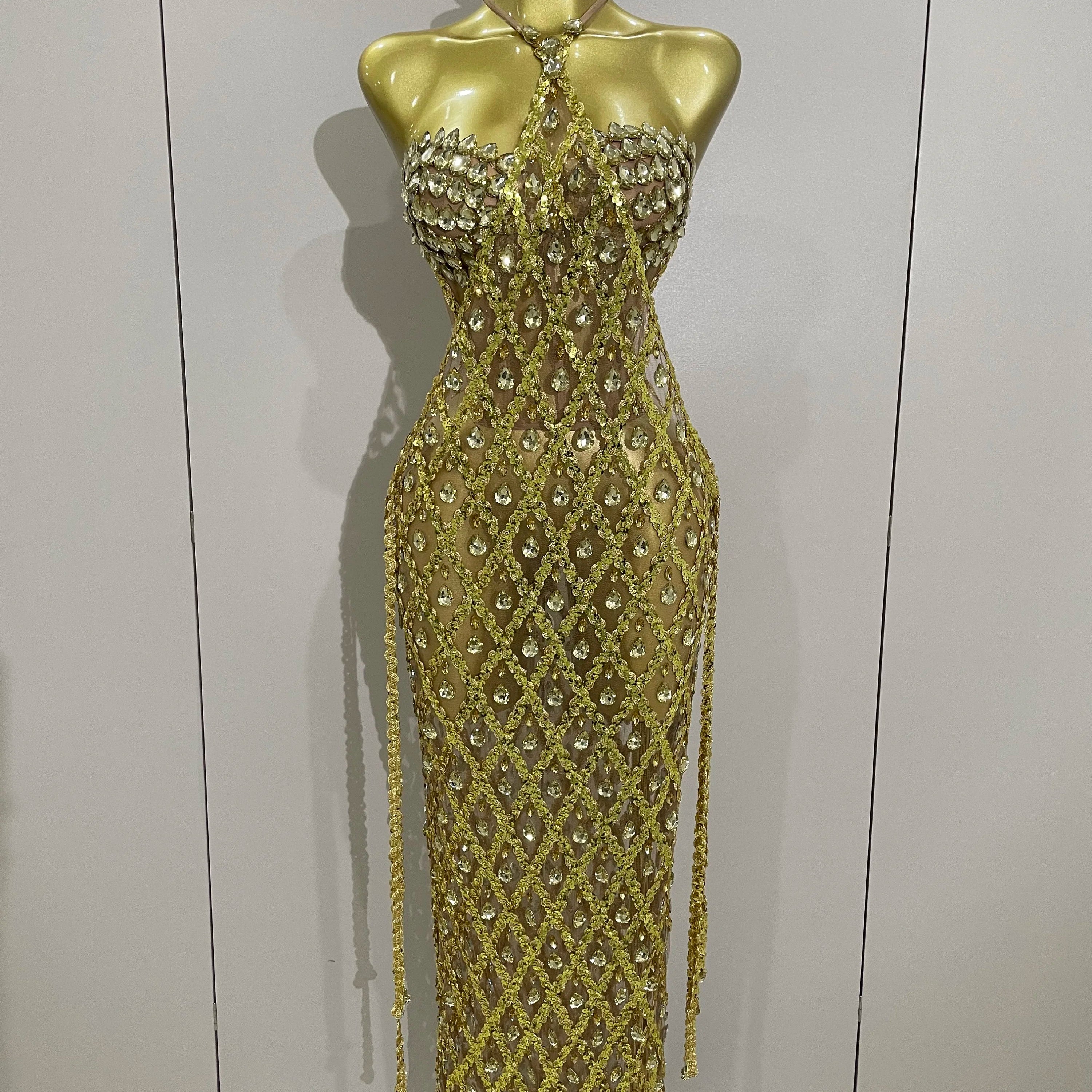 Stock Sexy Sparkly Gold Rhinestones Sleeveless Mesh Two Piece Long Dress 2025 Women Birthday Party Celebrate Prom Stage Costume Gold