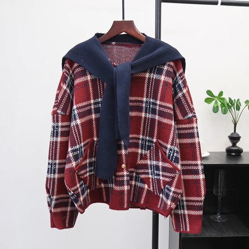Autumn Winter New Plaid Knitted Double-Sided Shawl Cardigan For Women Loose Sweater Coat Female Trendy 11A07623 Red One Size