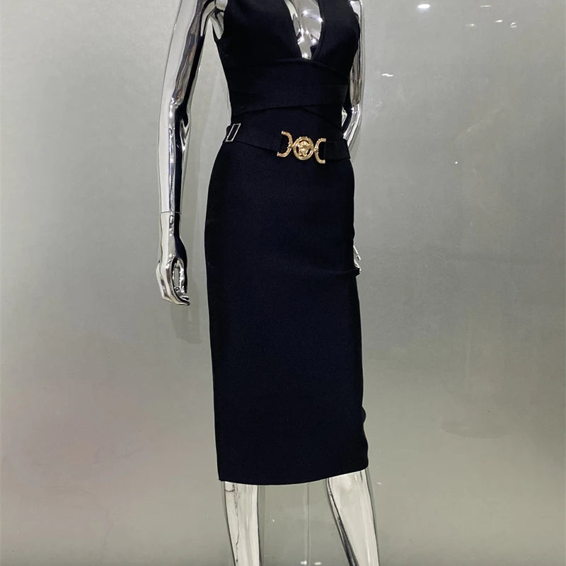 Women Sleeveless Sexy V-Neck Bodycon Midi Bandage Dress Fashion Celebrate Nightclub Party Birthday Dress