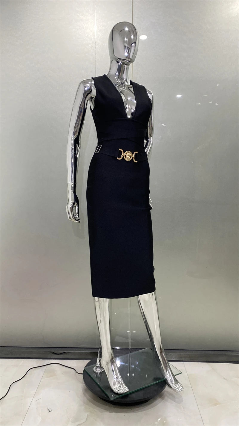 Women Sleeveless Sexy V-Neck Bodycon Midi Bandage Dress Fashion Celebrate Nightclub Party Birthday Dress