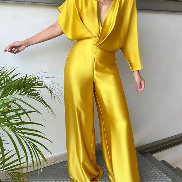 Women's Solid Color Jumpsuit Spring Summer Adult Female V-neck Sexy Short Sleeves High Waist One-piece Suits Yellow