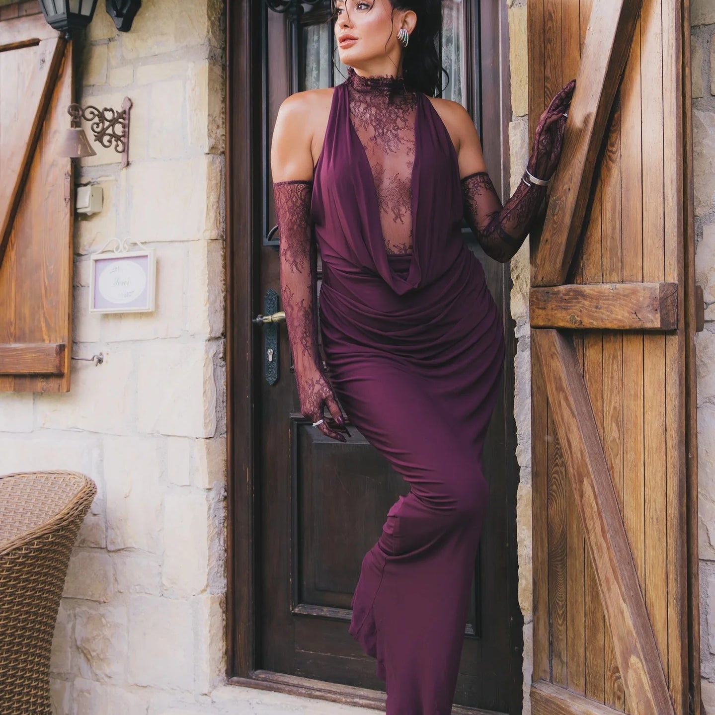 Sexy Turtleneck Lace Patchwork Long Dress Women Sleeveless Backless Pleated Celebrity Evening Party Gowns with Gloves