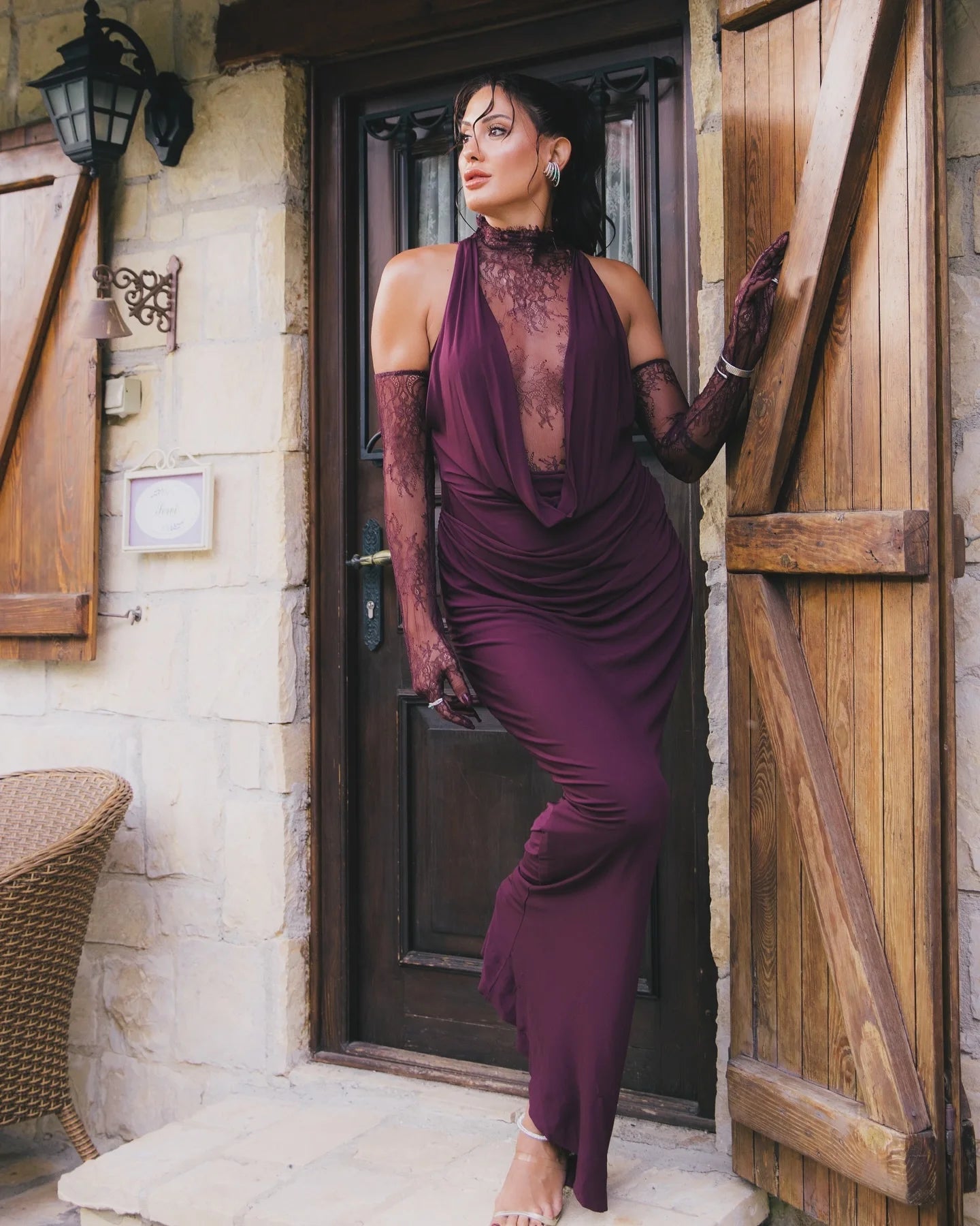 Sexy Turtleneck Lace Patchwork Long Dress Women Sleeveless Backless Pleated Celebrity Evening Party Gowns with Gloves