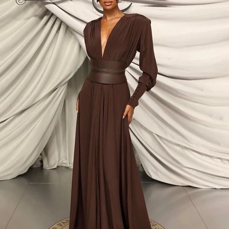 VC 2024 Spring Fashion Dresses For Women Plunging V Neck High Waist Belt Long Sleeves Wedding Party Dress Brown Gowns