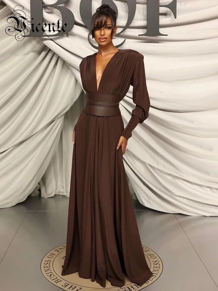 2024 Spring Fashion Dresses For Women Plunging V Neck High Waist Belt Long Sleeves Wedding Party Dress Brown Gowns
