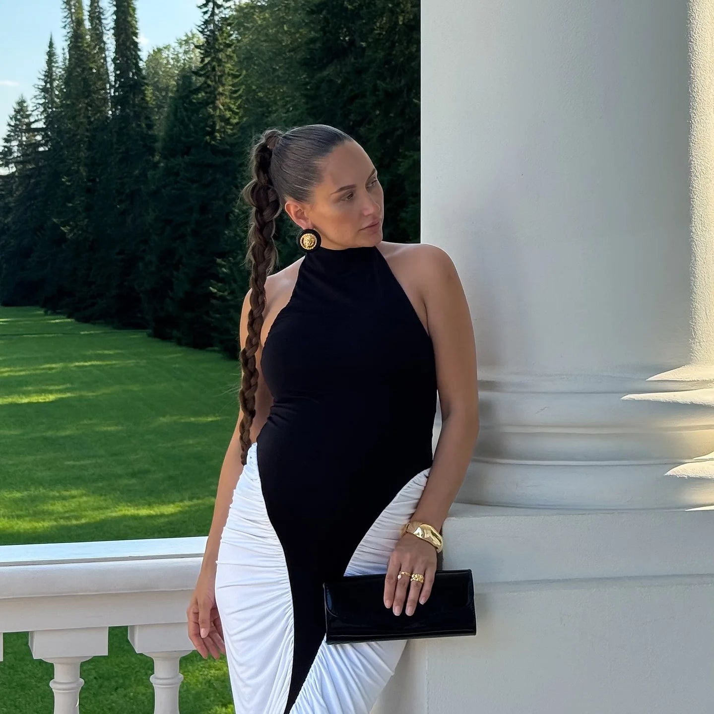 Urban Color Block Halter Sleeveless Midi Dress with Ruffle Detail for Party Formal Events