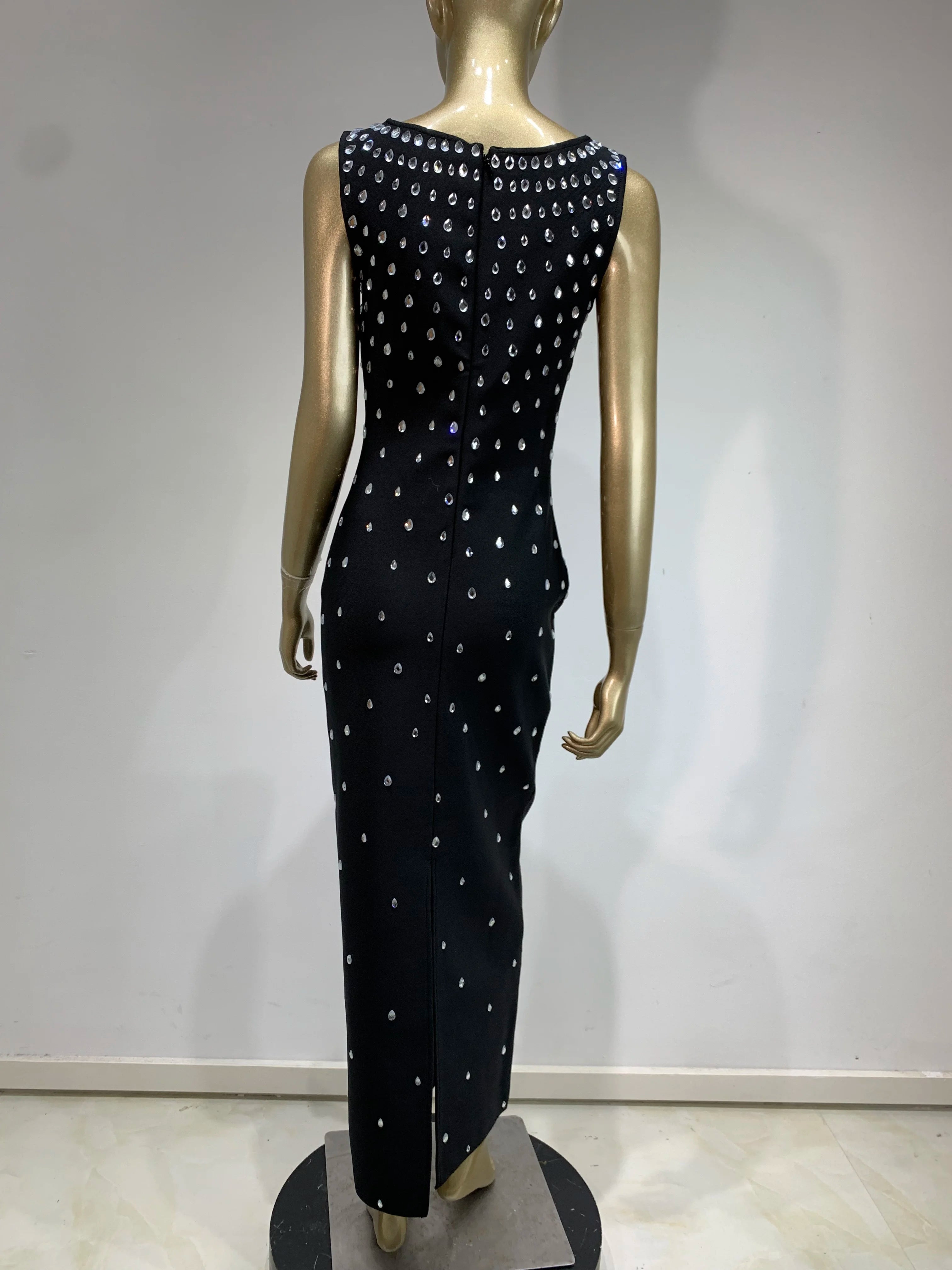 Women Celebrity Sexy Tank Studded Sky Blue Black Maxi Long Bodycon Bandage Dress 2024 Elegant Evening Club Party Outfit