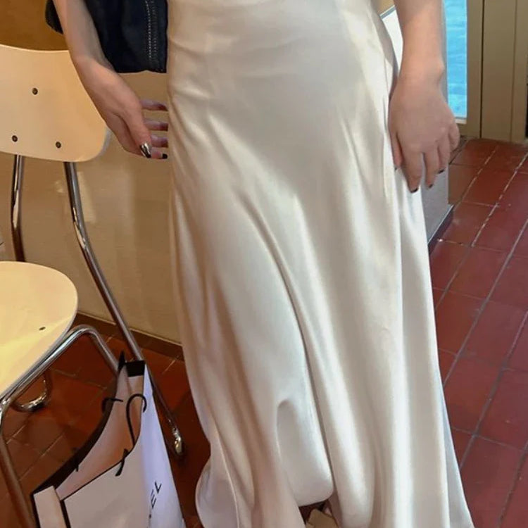 HOUZHOU Elegant Satin Skirt Summer Women Korean Fashion Solid High Waist Casual Long Skirts White Streetwear Office Lady