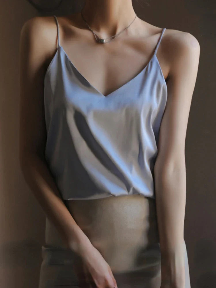 Grey Camisoles for Women Acetate SATIN Loose Summer Spaghetti Strap Tank Top Solid V-neck Fashion Sexy Backless Tanks & Camis gray