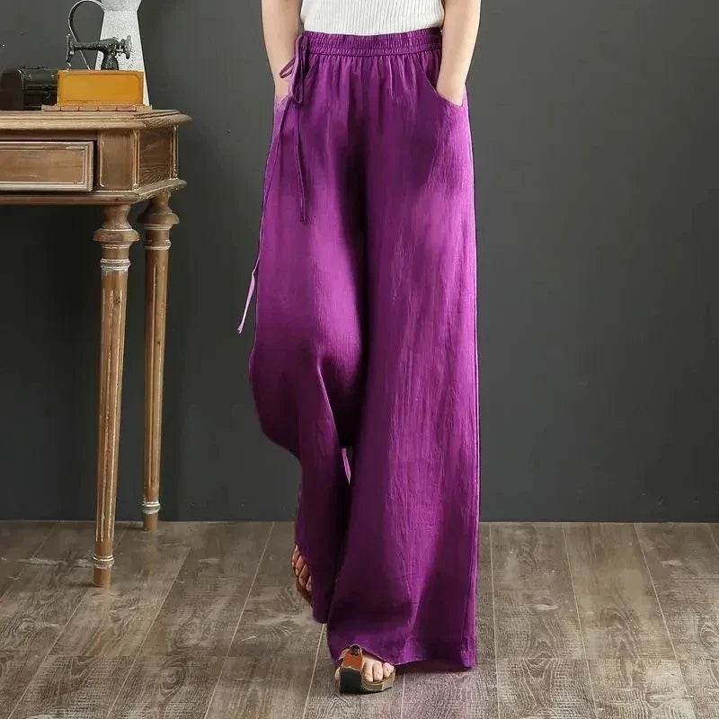 Cotton Linen Wide Leg Pants 4xl Big Size Trousers Women Summer Elastic Waist Casual Ankle-length Pantalones Baggy Sweatpant