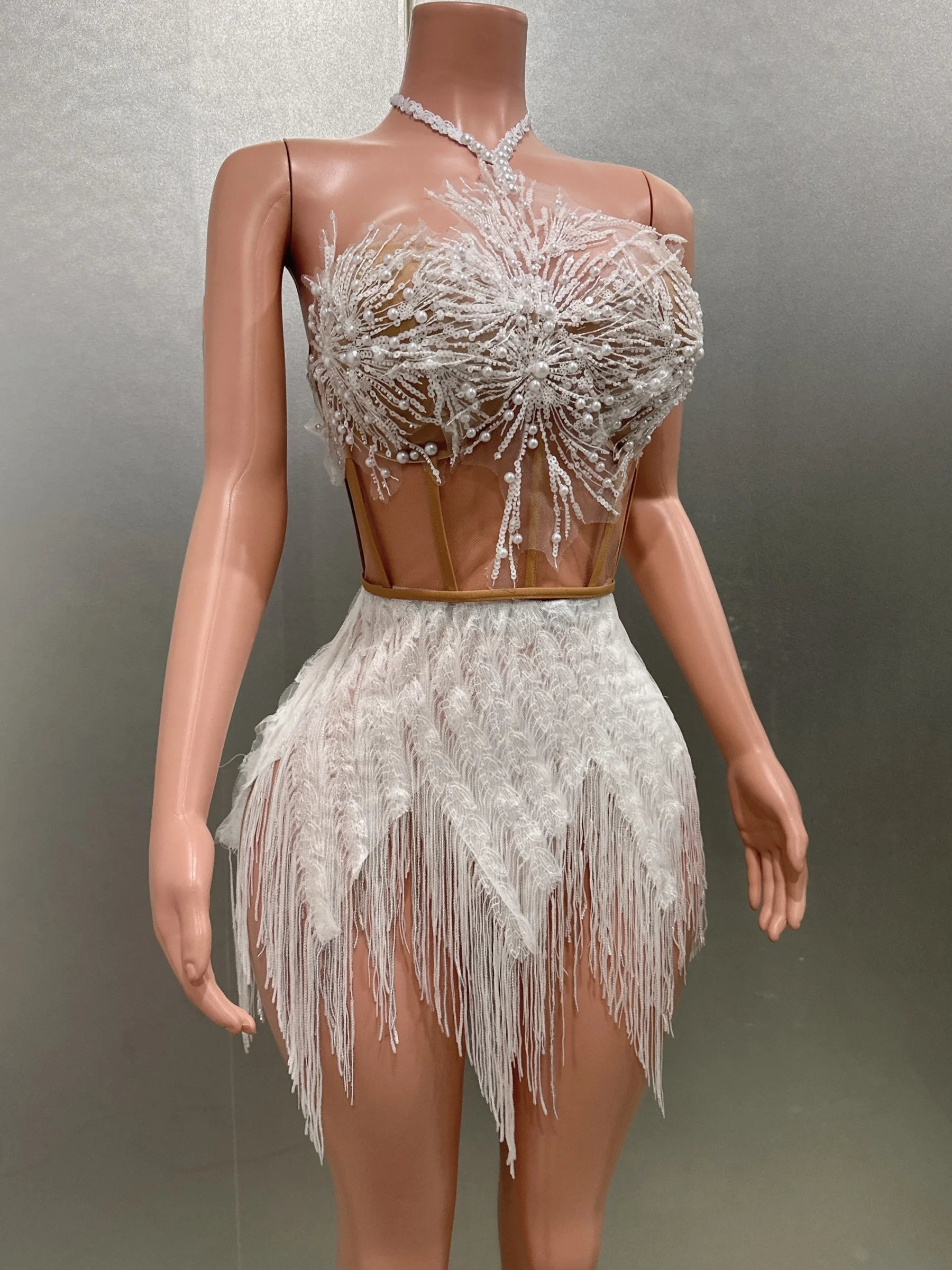 Shinning Sequins Tassels Sexy Halter Off the Shoulder 2 Pieces Bodycon Mini Dress Fashion Nightclub Party Performance Costume