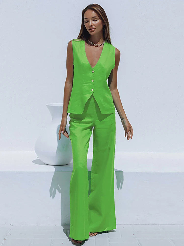 Mnealways18 Ladies Office 2 Pieces Womens Suits Vest Top And Wide Leg Pants Outfits Cotton Linen Summer Fashion Green Sets