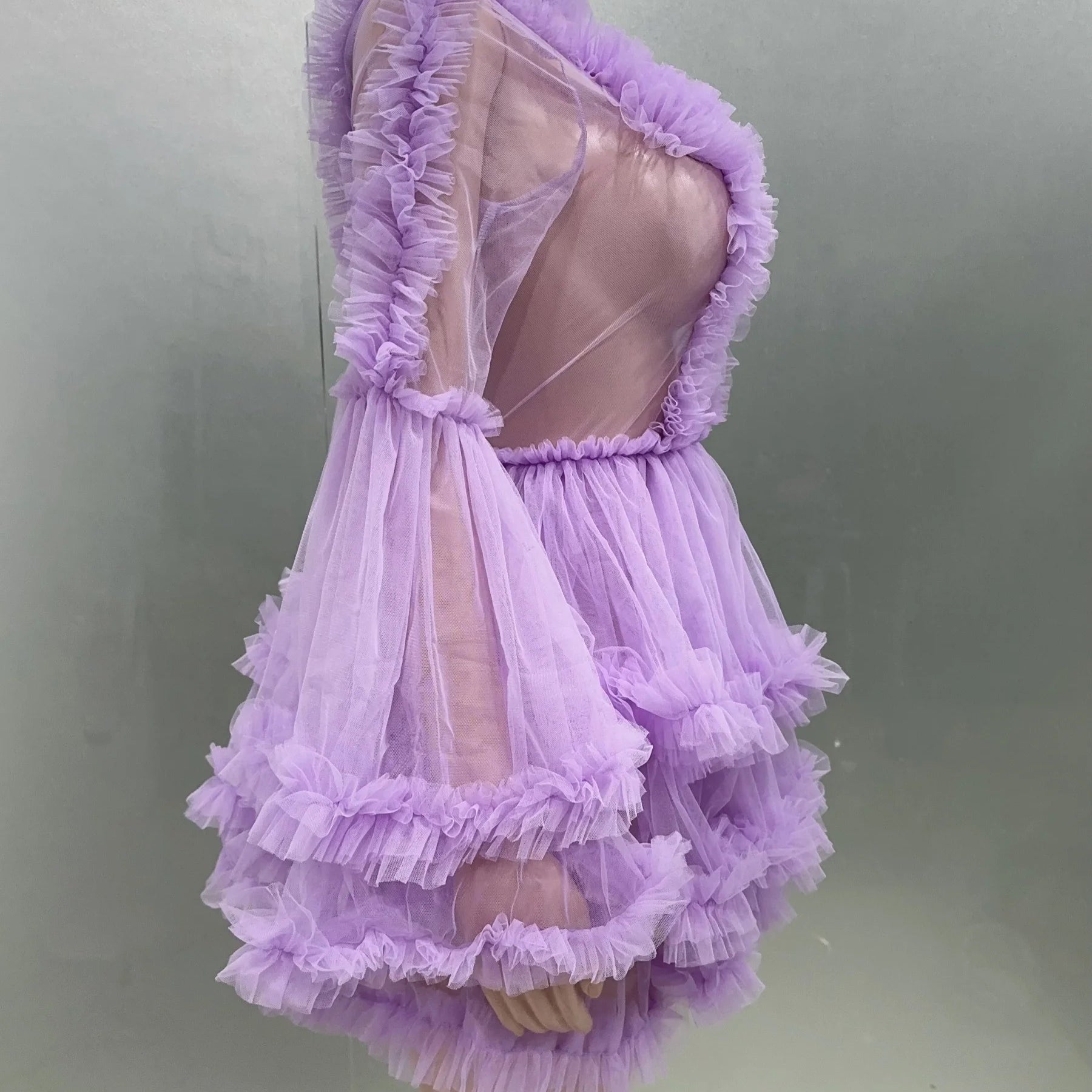 Purple Color Women Sexy Puff Sleeve Mesh Ruffles Mini Dress Birthday Celebrate Party Girls' Photo Shoot Wear Vestido