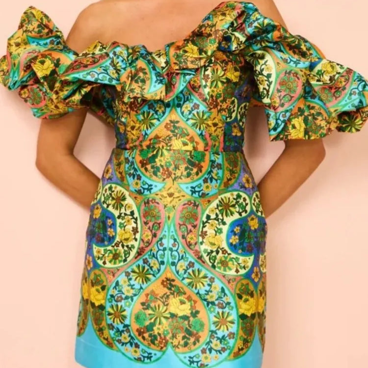 Slash Neck Mini Dress Women Off Shoulder Slim Sexy Vintage Printed Short Dress Backless Party Club Prom Fashion Elegant New 2024